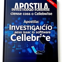 An engaging and visually detailed cover of a handbook titled 'Apostila: Investigação Forense com o Software Cellebrite'