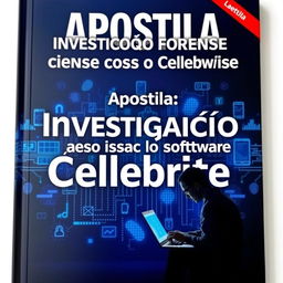 An engaging and visually detailed cover of a handbook titled 'Apostila: Investigação Forense com o Software Cellebrite'