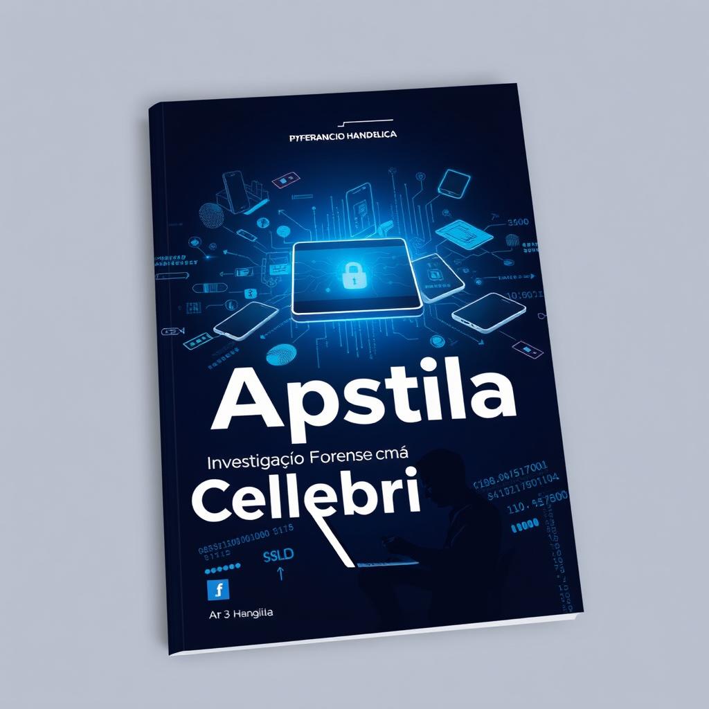 An engaging and visually detailed cover of a handbook titled 'Apostila: Investigação Forense com o Software Cellebrite'