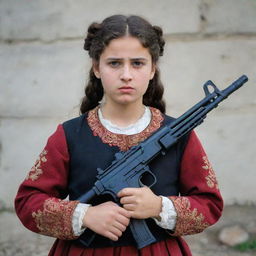 A Georgian girl in traditional attire, holding an Uzi submachine gun with a determined expression. No violence or harm is intended in this scene.