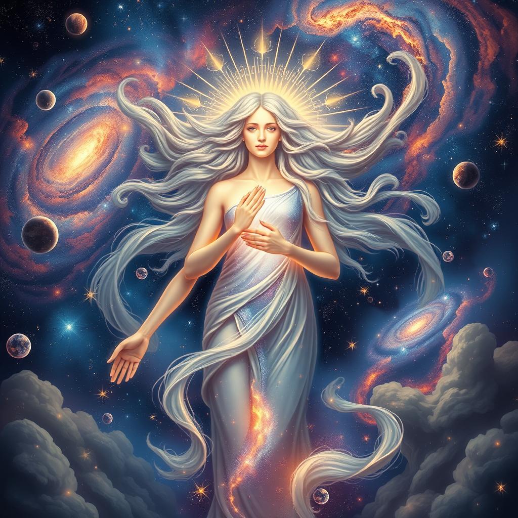 A divine representation of a female figure embodying God, gracefully giving birth to the universe