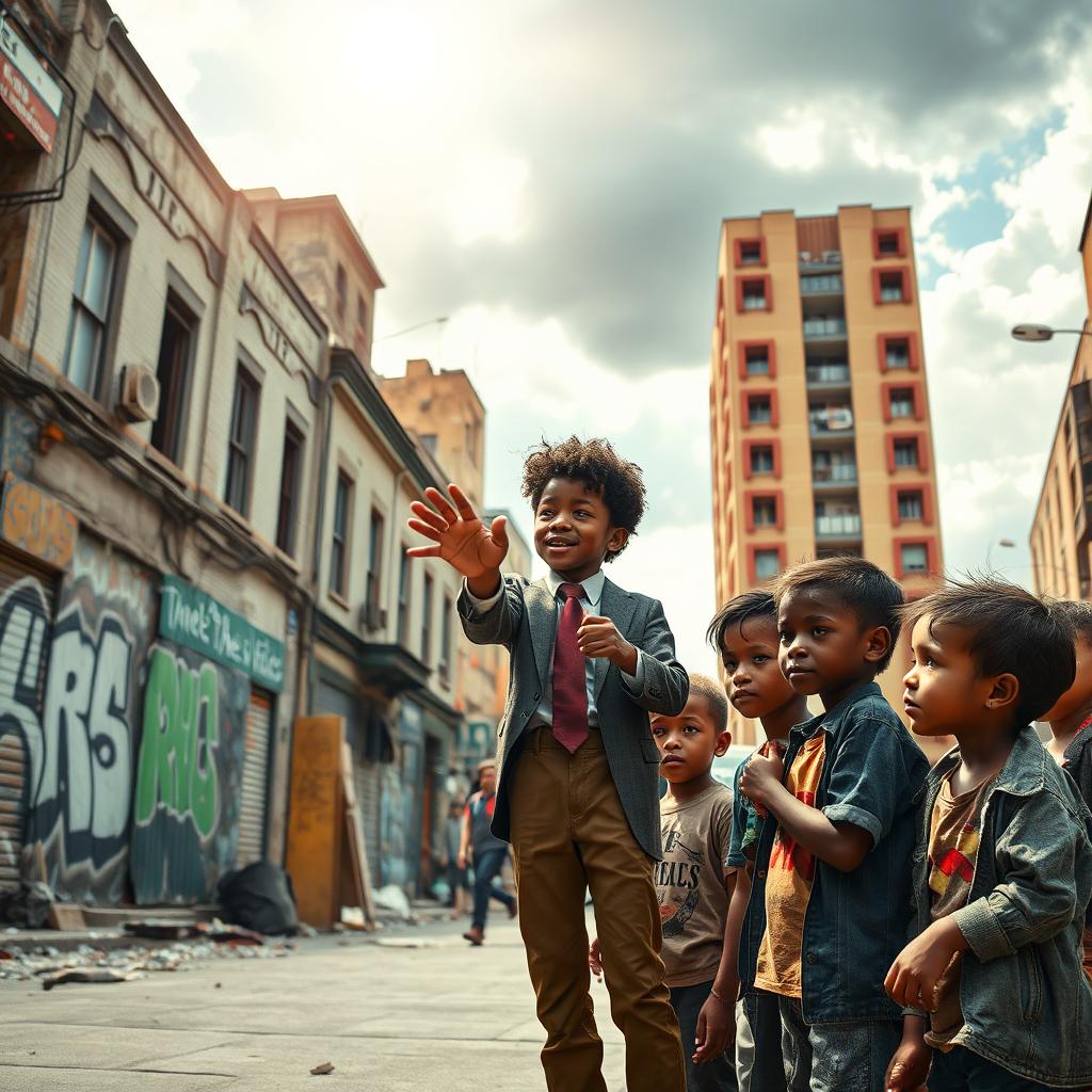 A powerful scene depicting a successful young person, dressed smartly in contemporary yet professional attire, standing confidently on a city street