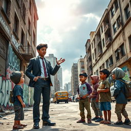 A powerful scene depicting a successful young person, dressed smartly in contemporary yet professional attire, standing confidently on a city street