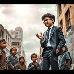 A powerful scene depicting a successful young person, dressed smartly in contemporary yet professional attire, standing confidently on a city street