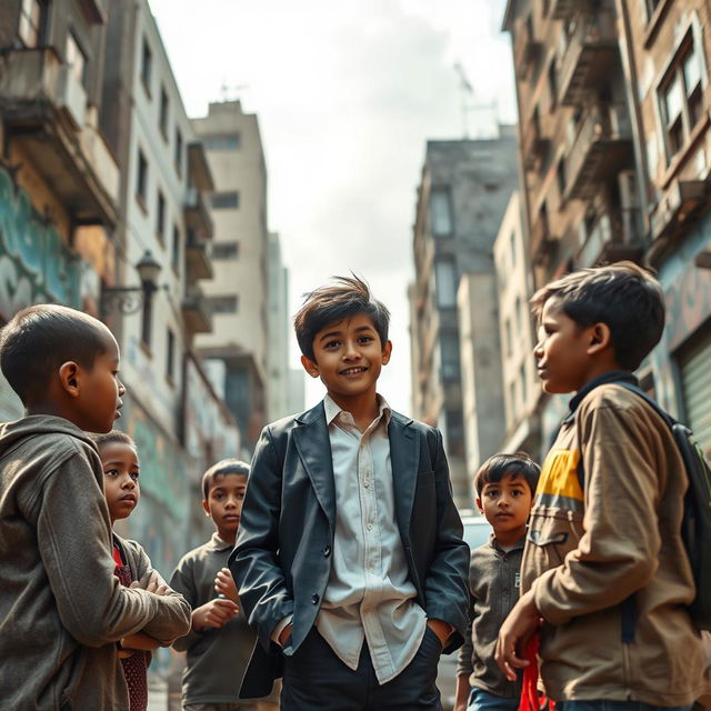 A powerful scene depicting a successful young person, dressed smartly in contemporary yet professional attire, standing confidently on a city street