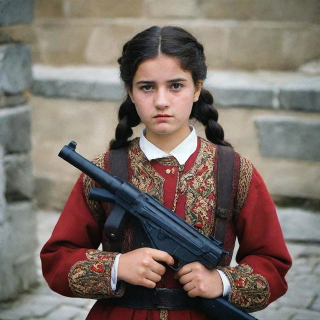 A Georgian girl in traditional attire, holding an Uzi submachine gun with a determined expression. No violence or harm is intended in this scene.