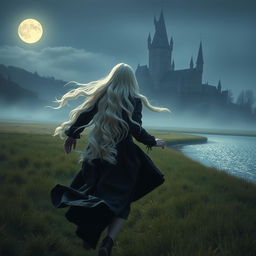 A long-haired girl with wavy white hair, running through a field towards a large castle in the background