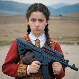 A Georgian girl in traditional attire, holding an Uzi submachine gun with a determined expression. No violence or harm is intended in this scene.