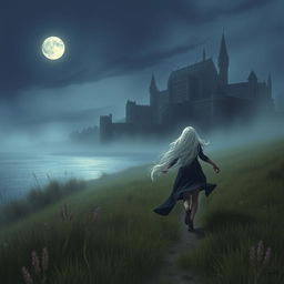 A long-haired girl with wavy white hair, running through a field towards a large castle in the background