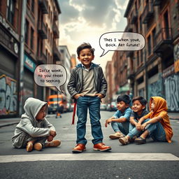 A compelling book cover depicting a confident, successful child standing on a city street, dressed in stylish and inspiring attire that reflects achievement and positivity