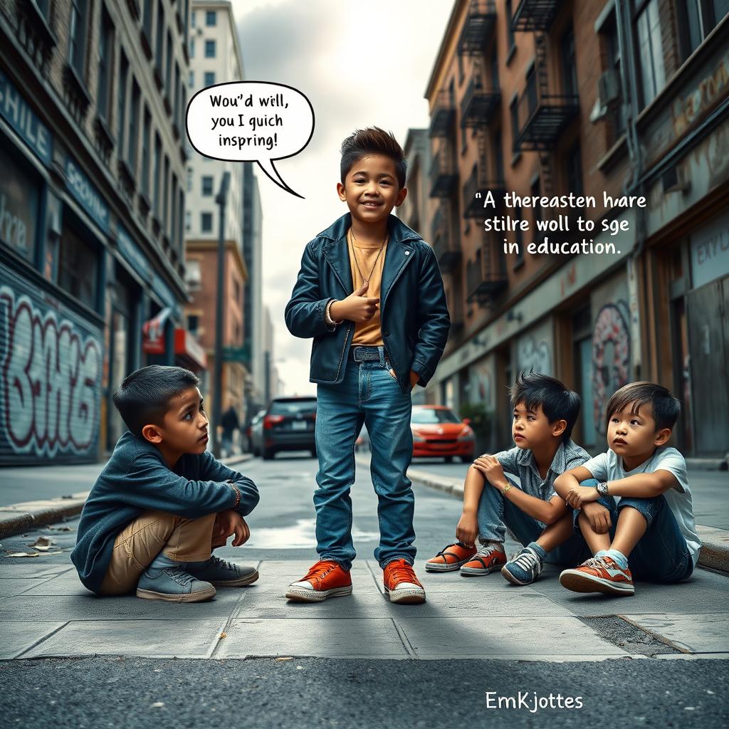 A compelling book cover depicting a confident, successful child standing on a city street, dressed in stylish and inspiring attire that reflects achievement and positivity