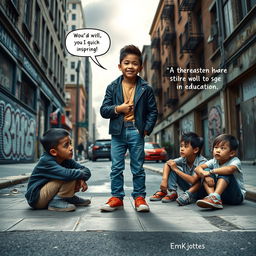 A compelling book cover depicting a confident, successful child standing on a city street, dressed in stylish and inspiring attire that reflects achievement and positivity