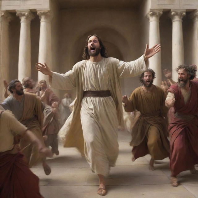 Jesus Christ driving the merchants out of the temple, depicted in dynamic motion. His facial expression and gestures communicate righteous indignation. The chaos amongst the merchants contrasts with the solemnity of the temple architecture.