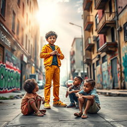 A thought-provoking book cover featuring a successful child exuding confidence and positivity while standing on a vibrant urban street