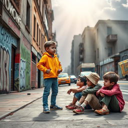 A thought-provoking book cover featuring a successful child exuding confidence and positivity while standing on a vibrant urban street