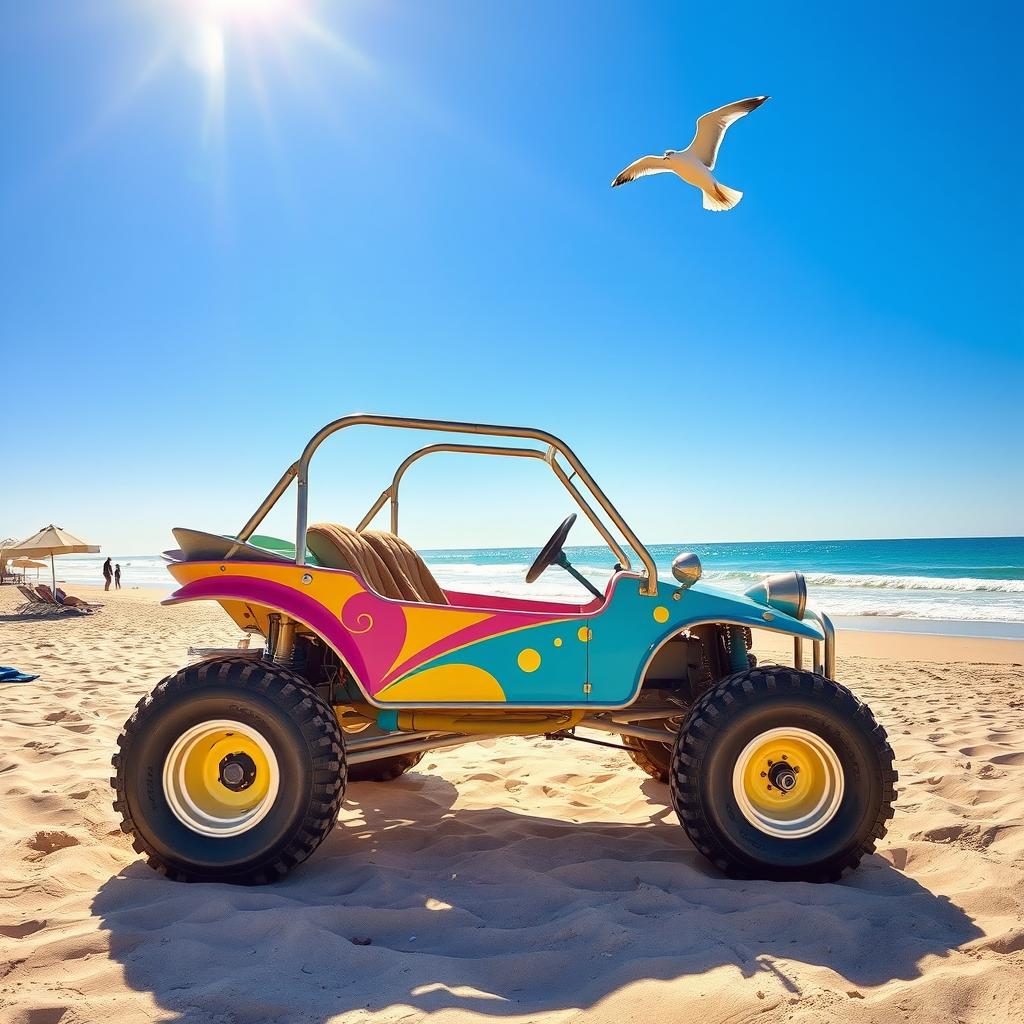 A vibrant scene of a colorful, retro-style buggy parked on a sandy beach under a bright blue sky