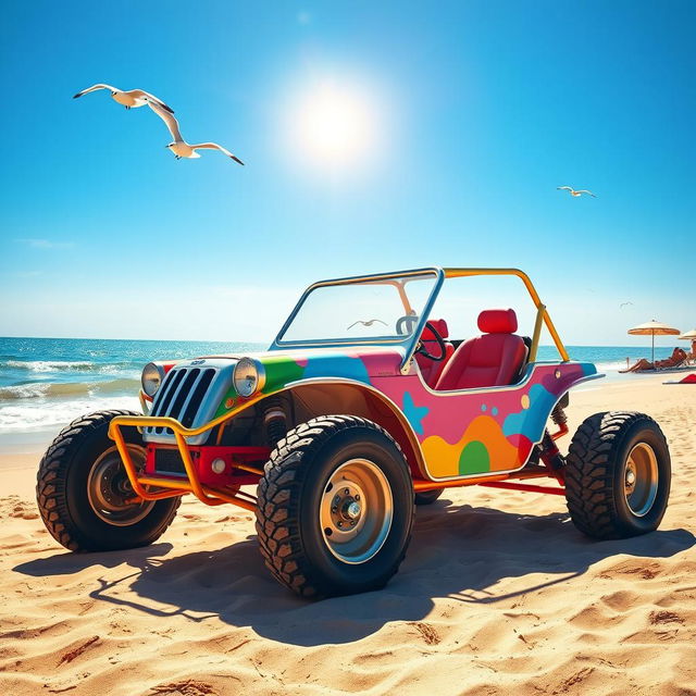 A vibrant scene of a colorful, retro-style buggy parked on a sandy beach under a bright blue sky