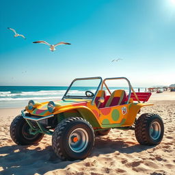 A vibrant scene of a colorful, retro-style buggy parked on a sandy beach under a bright blue sky