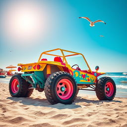 A vibrant scene of a colorful, retro-style buggy parked on a sandy beach under a bright blue sky