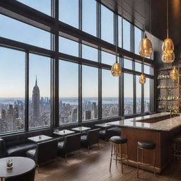 An upscale New York City rooftop indoor bar featuring panoramic windows showcasing stunning city views, stylish modern decor, a well-stocked bar, people interacting, with the Empire State Building in the distance.