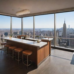 An upscale New York City rooftop indoor bar featuring panoramic windows showcasing stunning city views, stylish modern decor, a well-stocked bar, people interacting, with the Empire State Building in the distance.