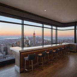 An upscale New York City rooftop indoor bar featuring panoramic windows showcasing stunning city views, stylish modern decor, a well-stocked bar, people interacting, with the Empire State Building in the distance.