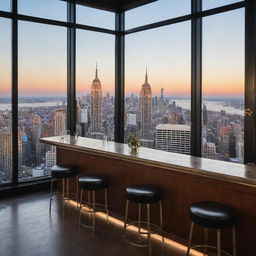 An upscale New York City rooftop indoor bar featuring panoramic windows showcasing stunning city views, stylish modern decor, a well-stocked bar, people interacting, with the Empire State Building in the distance.