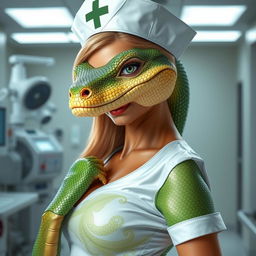 A sexy half reptile half human nurse, featuring distinctive reptilian skin patterns, vibrant green and gold scales, and human-like features