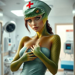 A sexy half reptile half human nurse, featuring distinctive reptilian skin patterns, vibrant green and gold scales, and human-like features