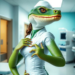 A sexy half reptile half human nurse, featuring distinctive reptilian skin patterns, vibrant green and gold scales, and human-like features