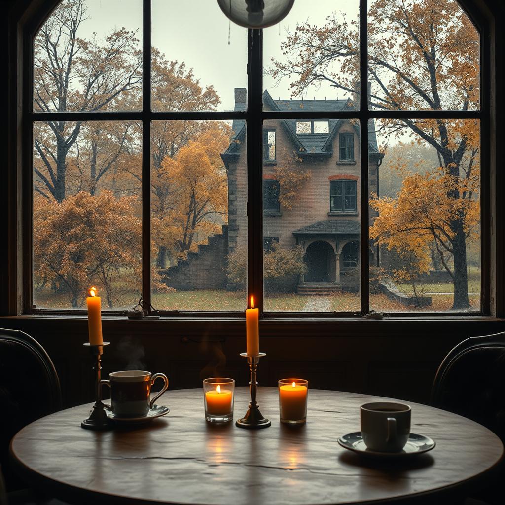 An image depicting an antique café table set with steaming coffee and flickering candles, enveloped in soft, dim light