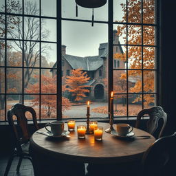 An image depicting an antique café table set with steaming coffee and flickering candles, enveloped in soft, dim light