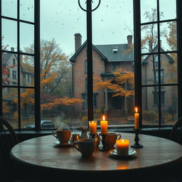 An image depicting an antique café table set with steaming coffee and flickering candles, enveloped in soft, dim light