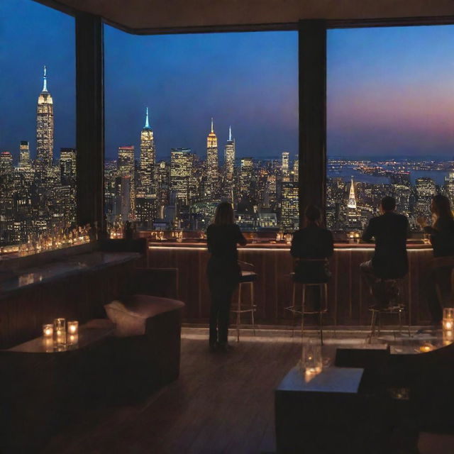 A sophisticated New York City rooftop indoor bar at night, filled with glowing ambient lighting, through the panoramic windows, city skylines are lit up. Patrons are engaged in conversation, in the distance is the brightly illuminated Empire State Building.