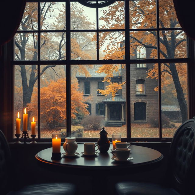 An image depicting an antique café table set with steaming coffee and flickering candles, enveloped in soft, dim light