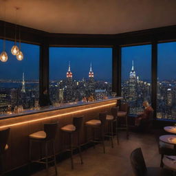 A sophisticated New York City rooftop indoor bar at night, filled with glowing ambient lighting, through the panoramic windows, city skylines are lit up. Patrons are engaged in conversation, in the distance is the brightly illuminated Empire State Building.