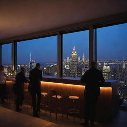 A sophisticated New York City rooftop indoor bar at night, filled with glowing ambient lighting, through the panoramic windows, city skylines are lit up. Patrons are engaged in conversation, in the distance is the brightly illuminated Empire State Building.