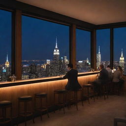 A sophisticated New York City rooftop indoor bar at night, filled with glowing ambient lighting, through the panoramic windows, city skylines are lit up. Patrons are engaged in conversation, in the distance is the brightly illuminated Empire State Building.