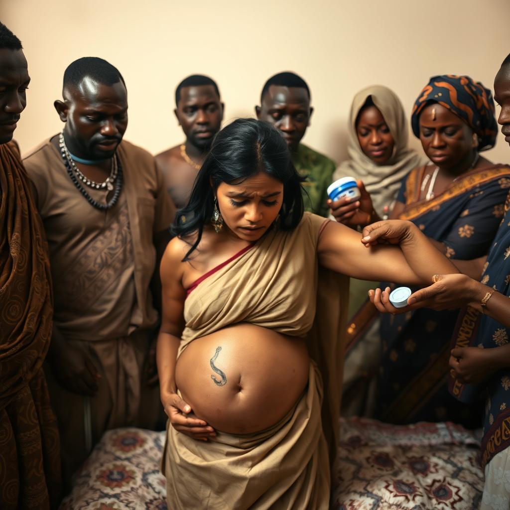 A worried and exhausted young pregnant Indian woman in a saree, heavily sweating and appearing distressed