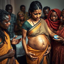 A worried and exhausted young pregnant Indian woman in a saree, heavily sweating and appearing distressed