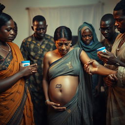 A worried and exhausted young pregnant Indian woman in a saree, heavily sweating and appearing distressed