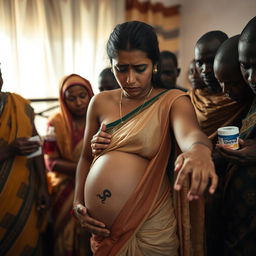 A worried and exhausted young pregnant Indian woman in a saree, heavily sweating and appearing distressed