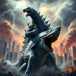 A dramatic scene where Godzilla, the iconic gigantic reptilian monster, is gripping a massive creature named Sharkzilla by the neck