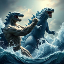 An epic showdown between mythical creatures, featuring an imposing Sharkzilla with muscular arms and a powerful build throwing a punch at Godzilla's face