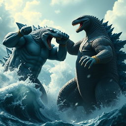 An epic showdown between mythical creatures, featuring an imposing Sharkzilla with muscular arms and a powerful build throwing a punch at Godzilla's face