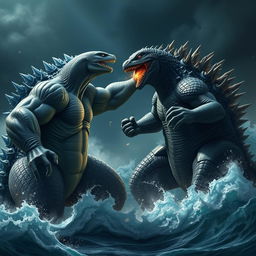 An epic showdown between mythical creatures, featuring an imposing Sharkzilla with muscular arms and a powerful build throwing a punch at Godzilla's face