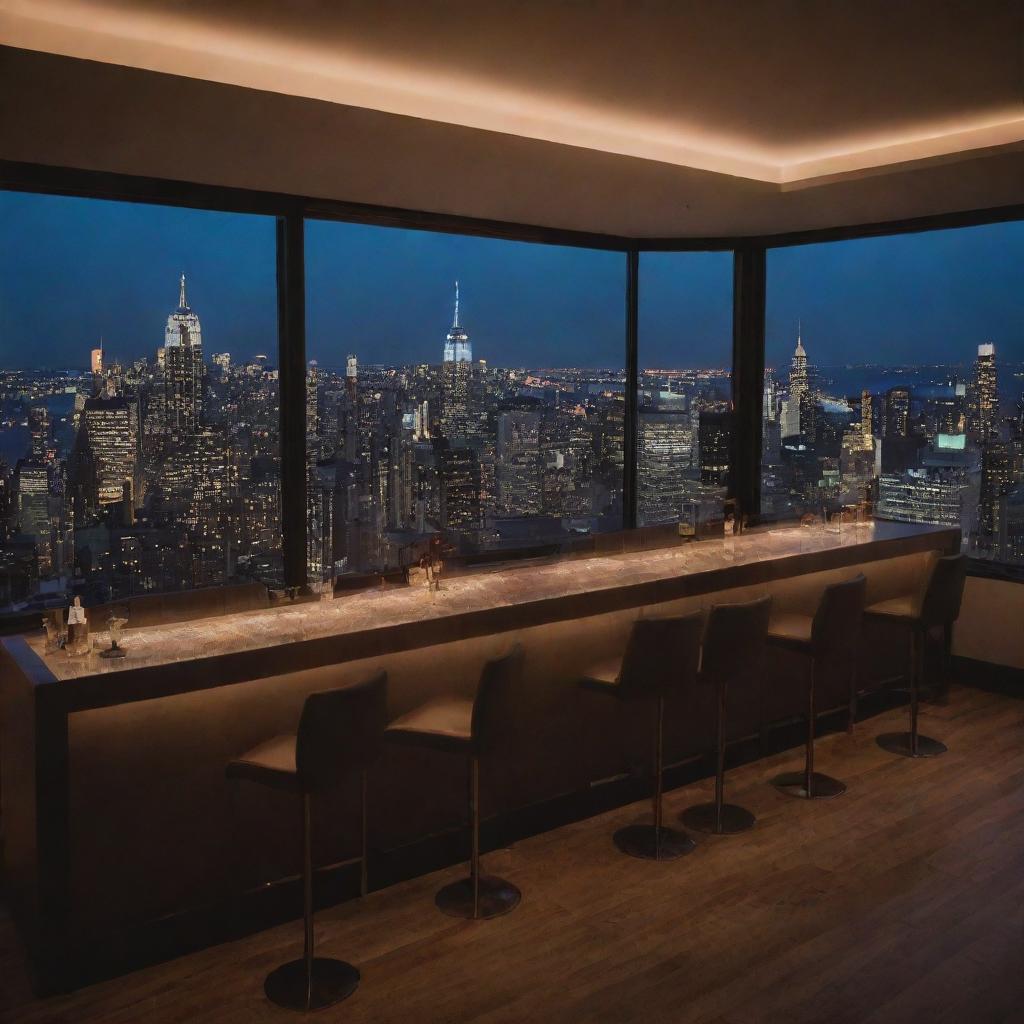 An upscale New York City rooftop indoor bar at night. The room is bathed in ambient lighting with a panoramic view of the night skyline. Bartenders are mixing cocktails, while city lights twinkle outside.