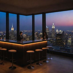 An upscale New York City rooftop indoor bar at night. The room is bathed in ambient lighting with a panoramic view of the night skyline. Bartenders are mixing cocktails, while city lights twinkle outside.