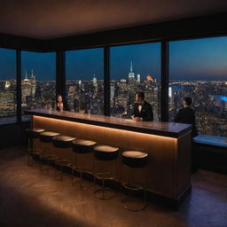 An upscale New York City rooftop indoor bar at night. The room is bathed in ambient lighting with a panoramic view of the night skyline. Bartenders are mixing cocktails, while city lights twinkle outside.