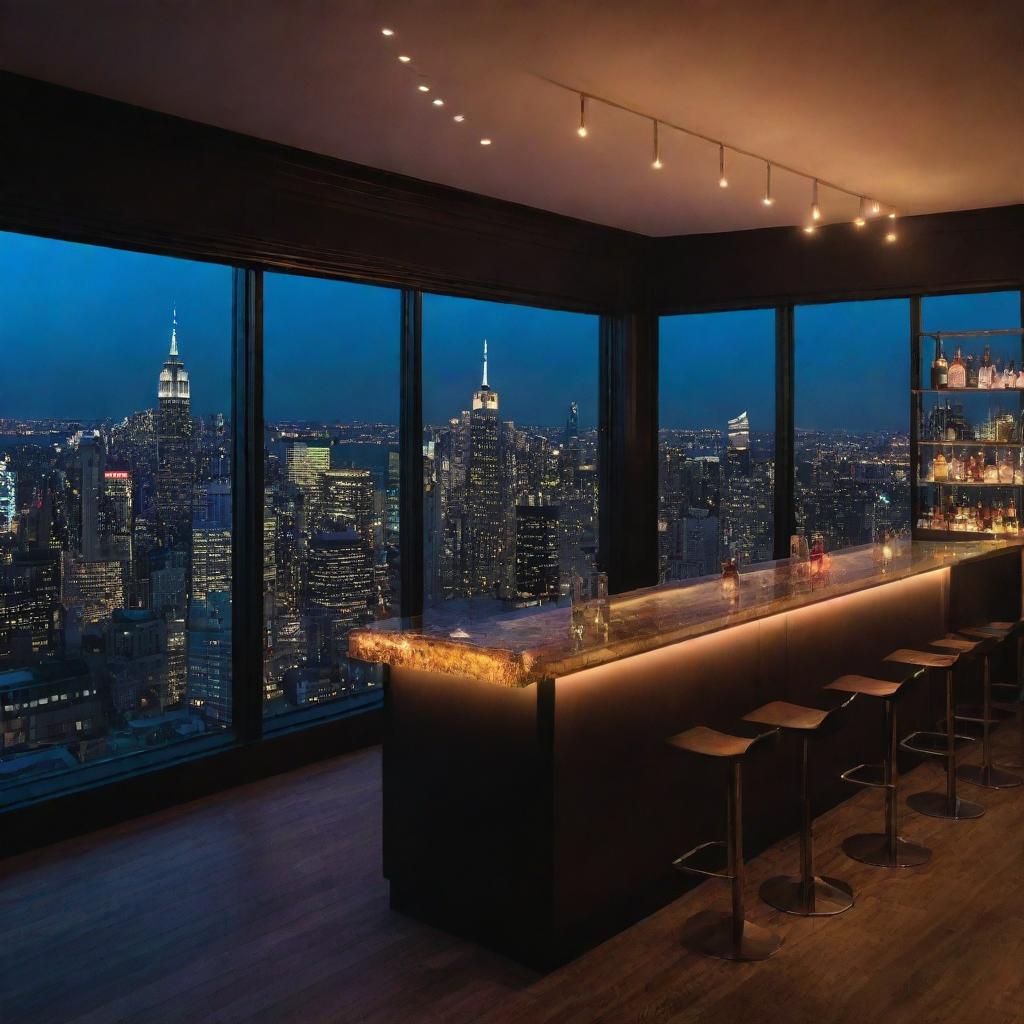 An upscale New York City rooftop indoor bar at night. The room is bathed in ambient lighting with a panoramic view of the night skyline. Bartenders are mixing cocktails, while city lights twinkle outside.